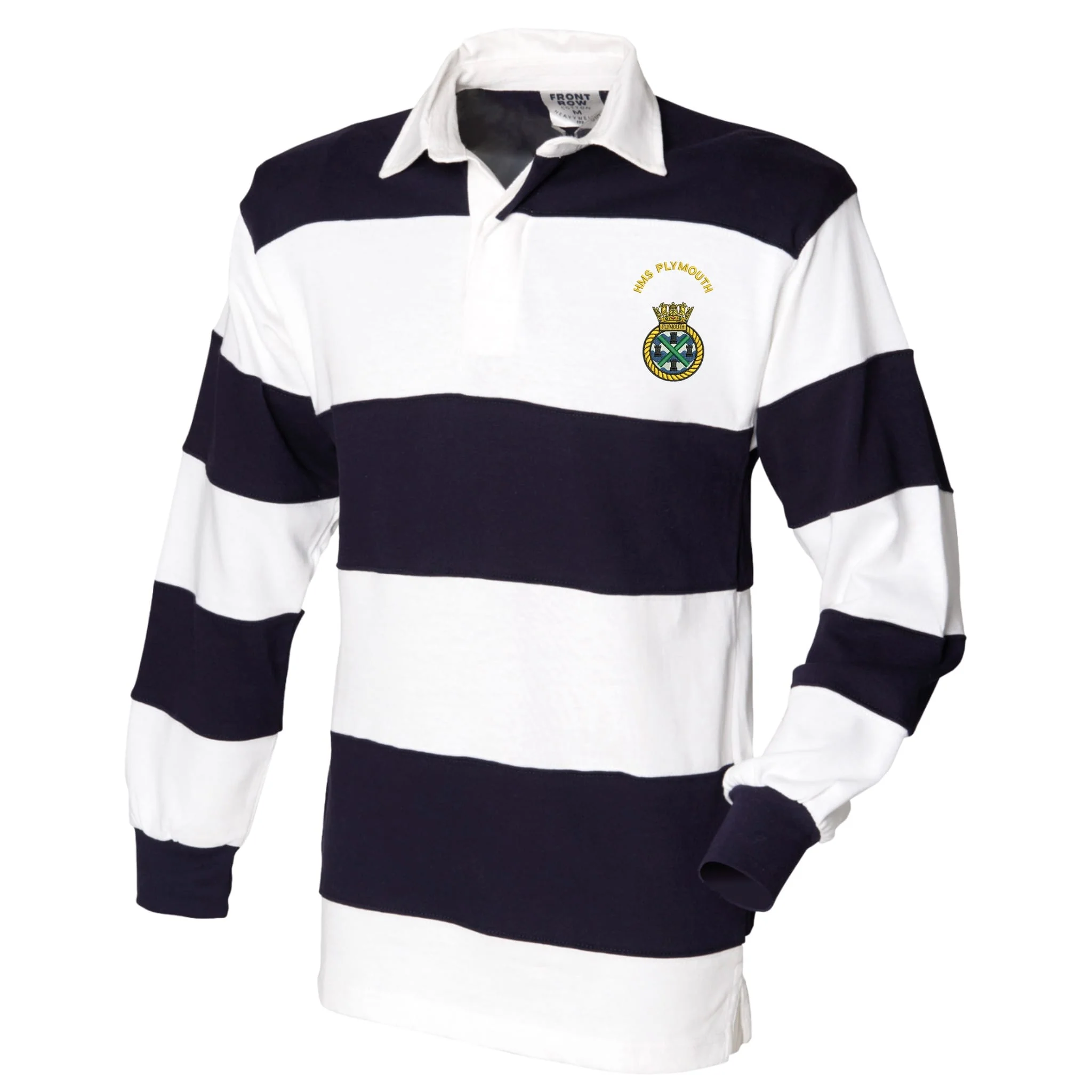 HMS Plymouth Front Row Sewn Stripe Long Sleeve Rugby Shirt - Image 3